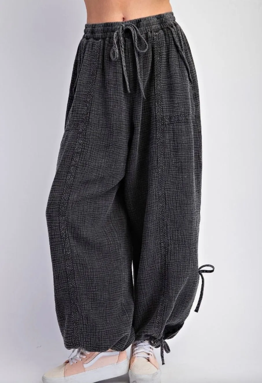 Mineral Washed Gauze Pants In Black With Lace Detailing By Easel