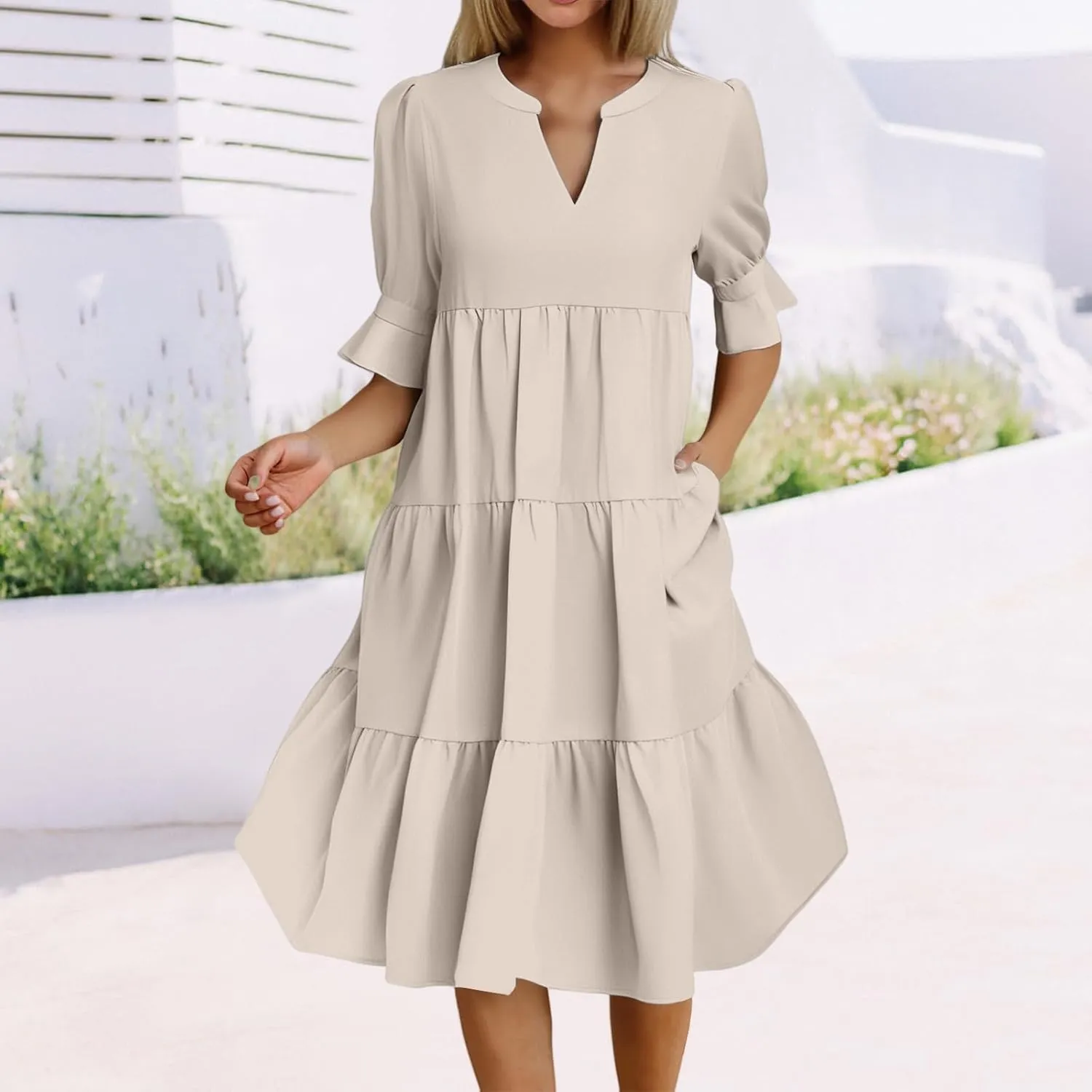 Mini Dresses for Women Casual Short Puff Sleeve Dress Loose V Neck Flowy Sundress Elegant Tiered Swing A Line Dress