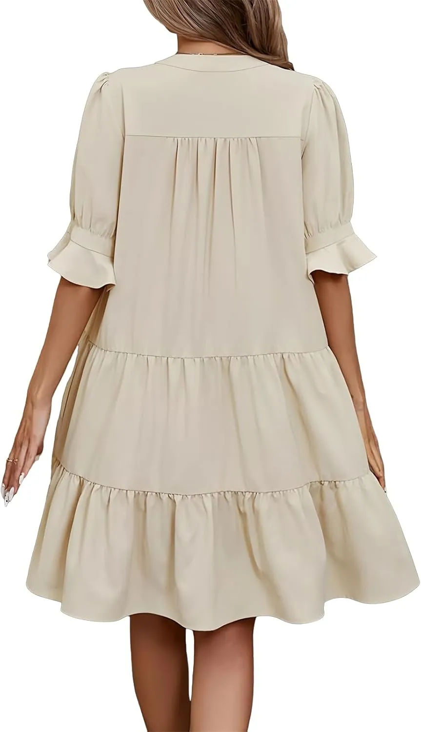 Mini Dresses for Women Casual Short Puff Sleeve Dress Loose V Neck Flowy Sundress Elegant Tiered Swing A Line Dress
