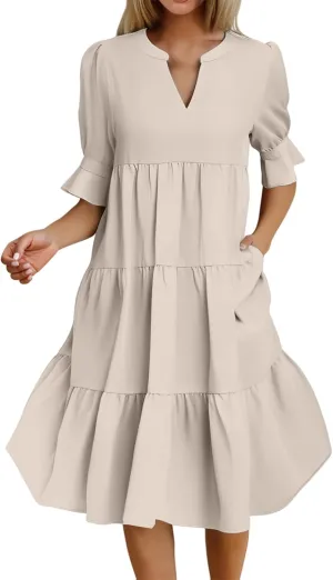 Mini Dresses for Women Casual Short Puff Sleeve Dress Loose V Neck Flowy Sundress Elegant Tiered Swing A Line Dress