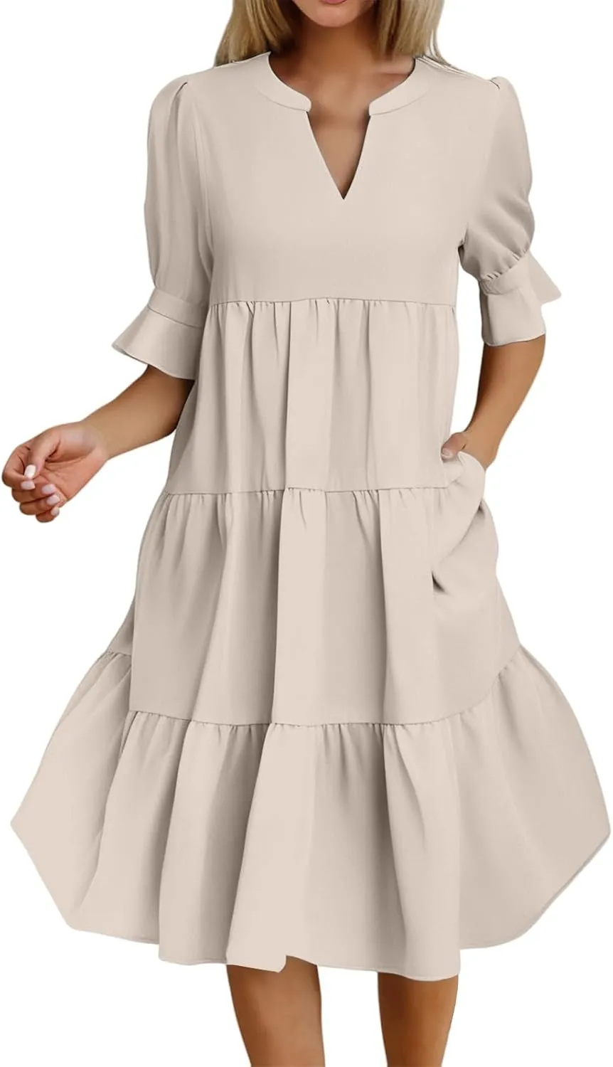 Mini Dresses for Women Casual Short Puff Sleeve Dress Loose V Neck Flowy Sundress Elegant Tiered Swing A Line Dress