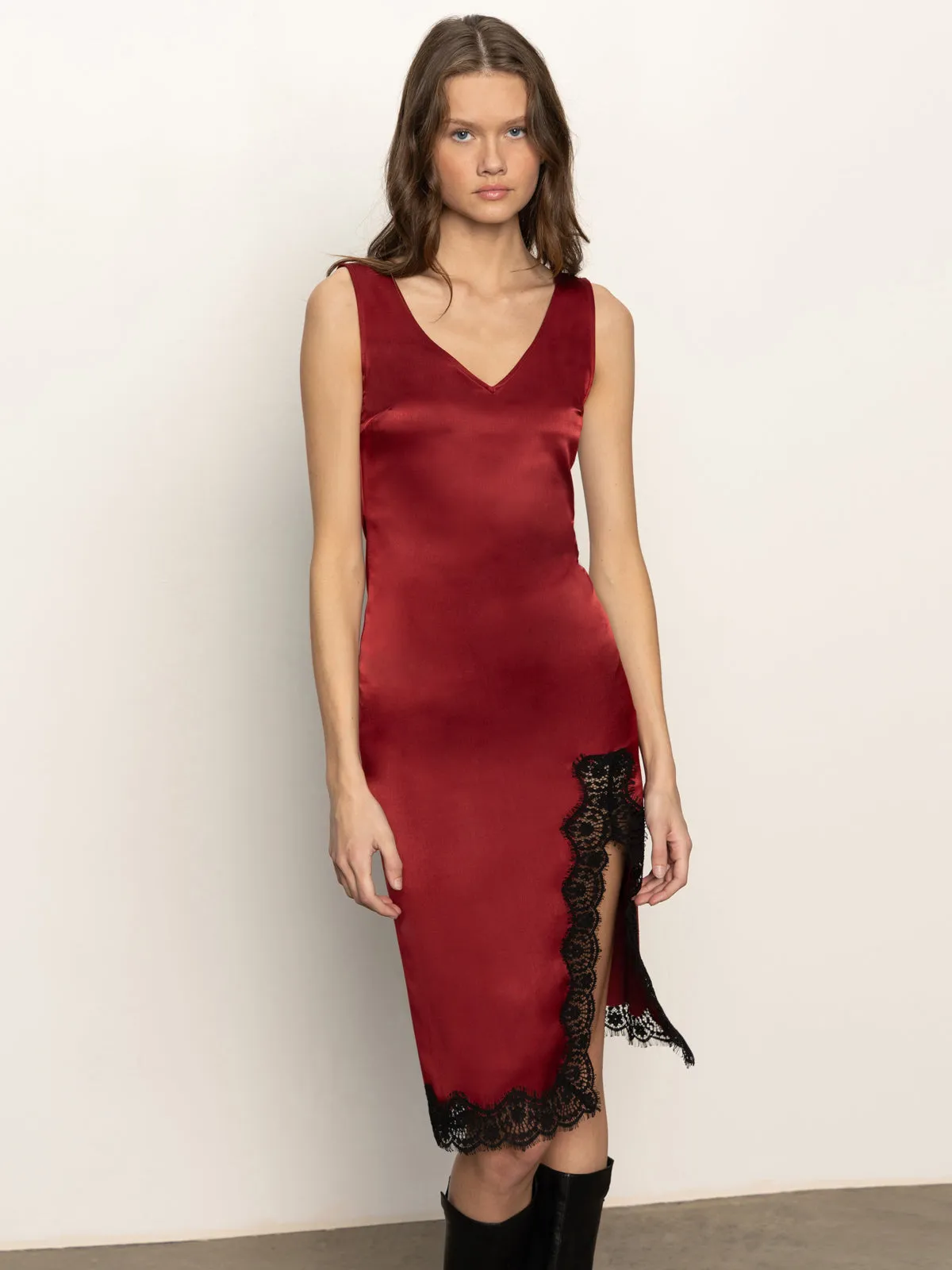 Grass Soft Revenge Midi Satin Dress Crimson