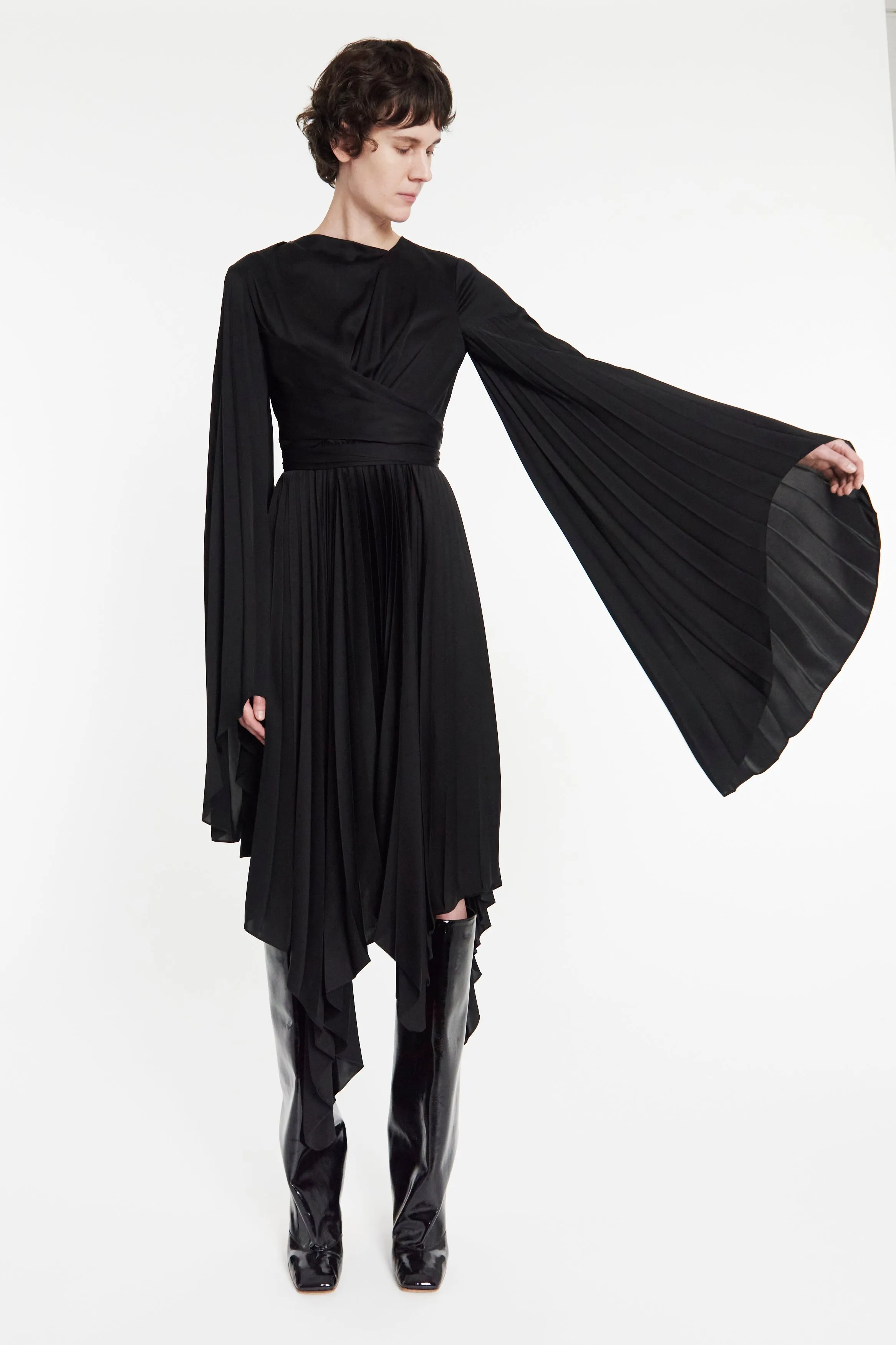 Stylish Waist Fit Wrap Around Midi Dress With Pleated Skirt And Sleeves Black