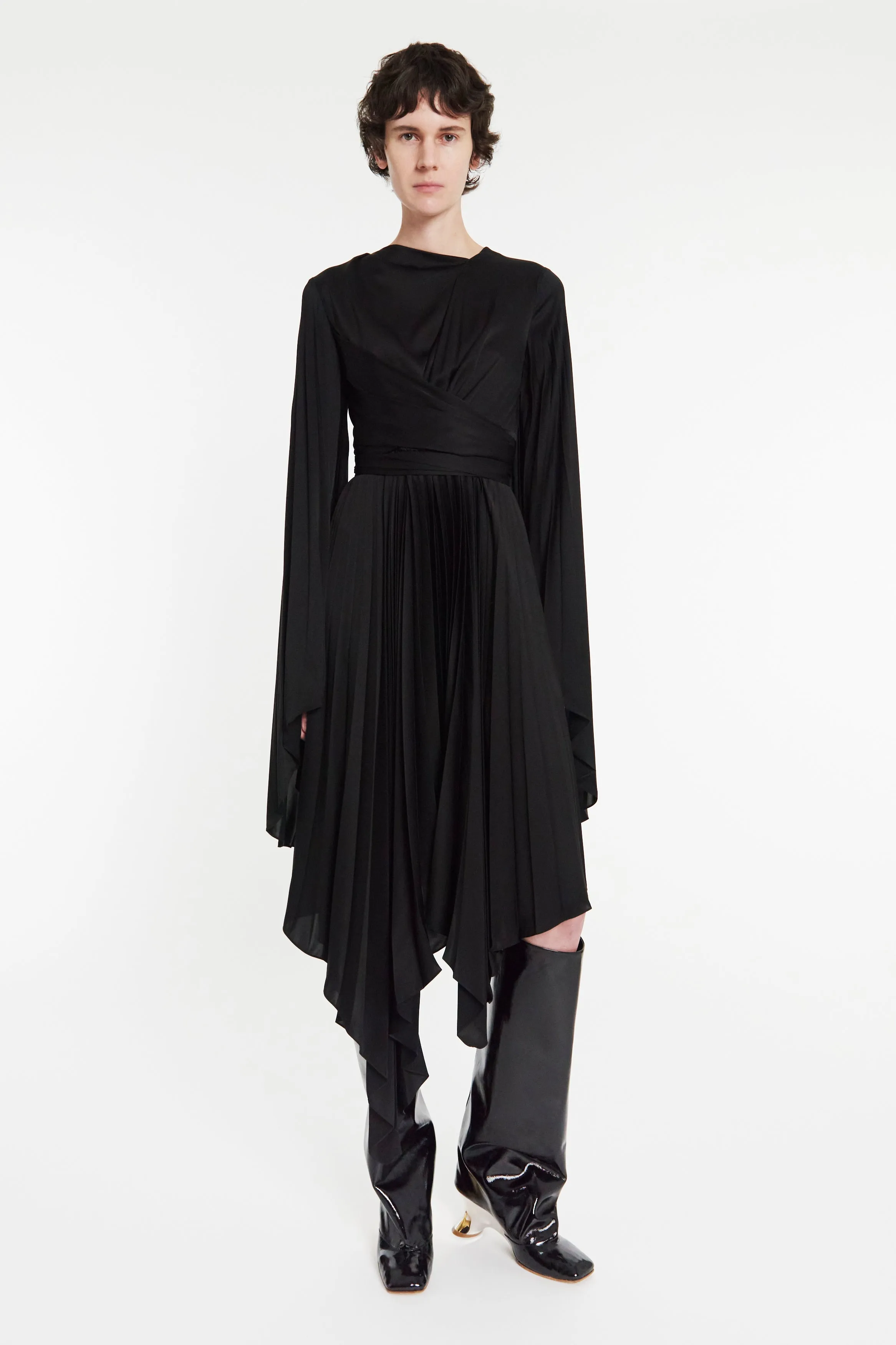Wrap Around Midi Dress With Pleated Skirt And Sleeves Black Bold Cut