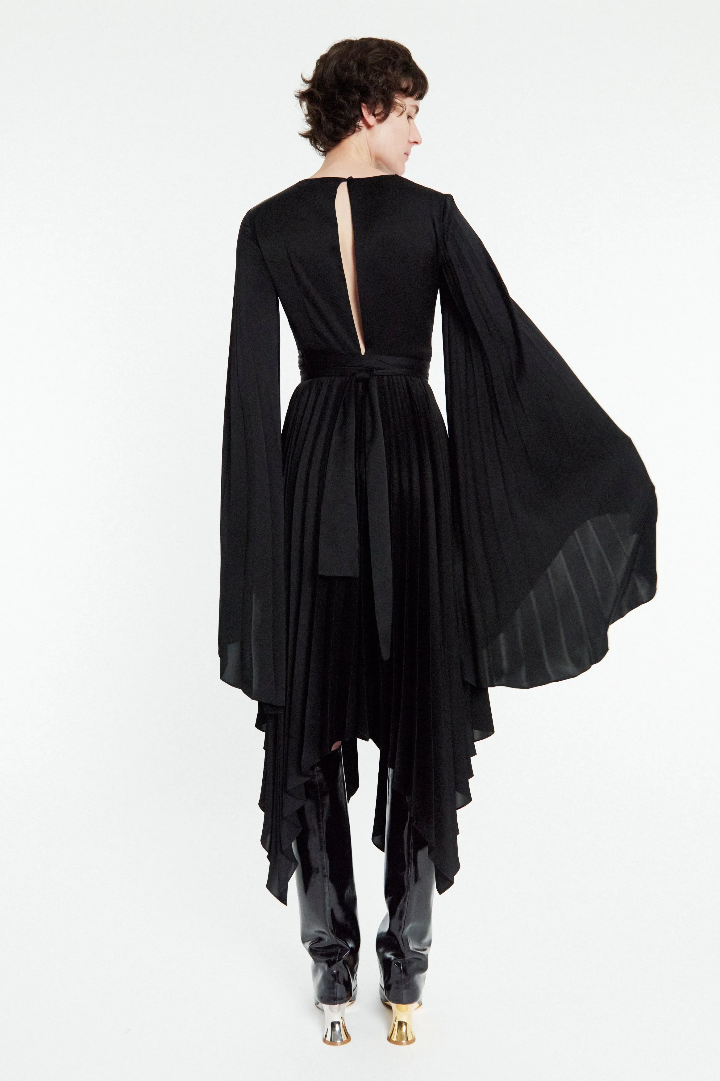 Wrap Around Midi Dress With Pleated Skirt And Sleeves Black Smart Casual