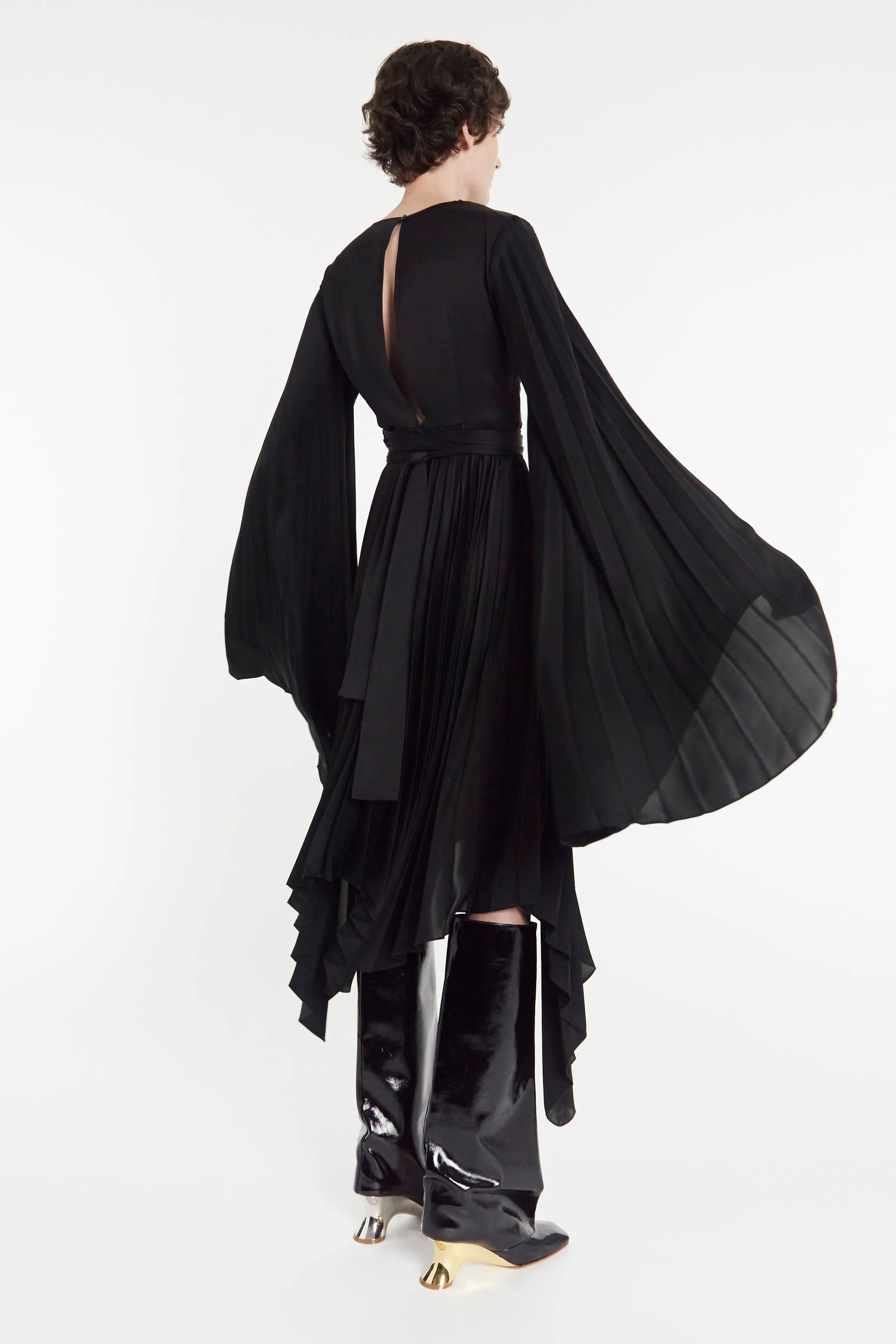 Wrap Around Midi Dress With Pleated Skirt And Sleeves Black Timeless office dress Eco Friendly