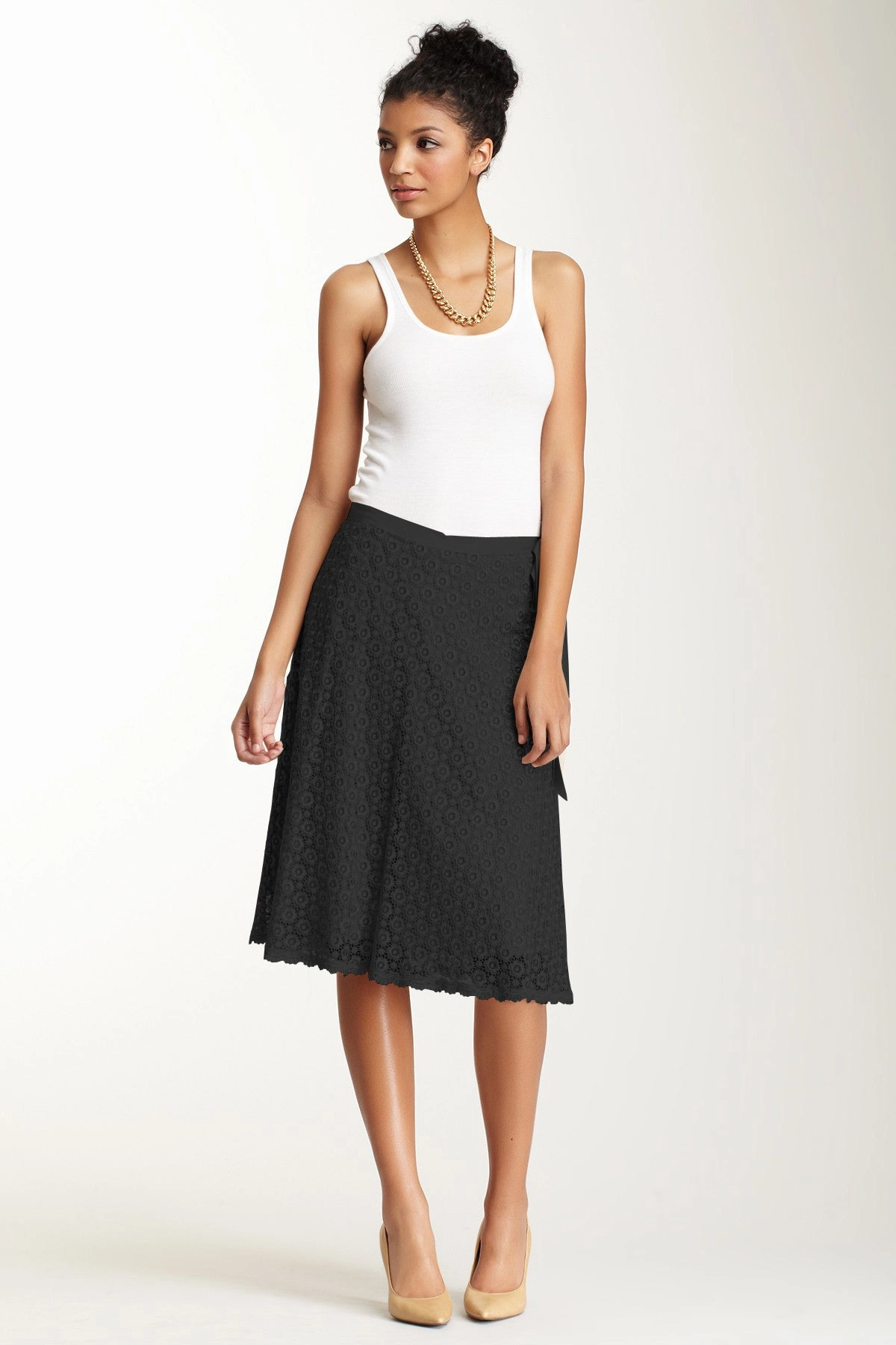 Crisscross Back Seasonal Layering Guipure Lace Circle Skirt - Black