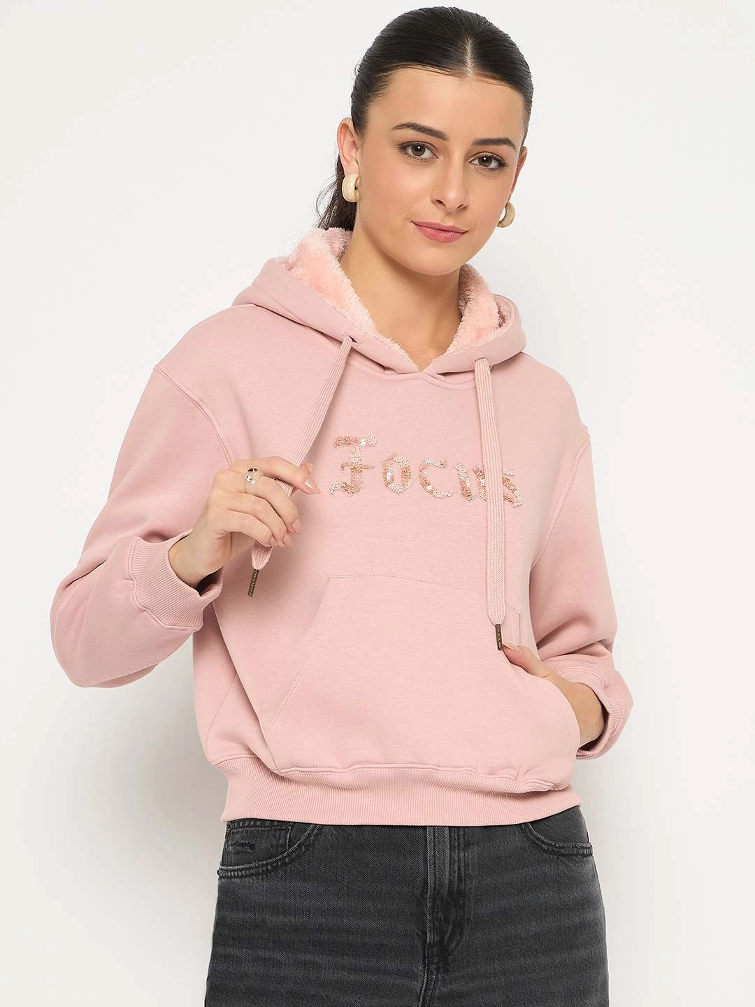 shiny accents Madame Fleece Placement Printed Handwork Detailed Dusty Pink Sweatshirt