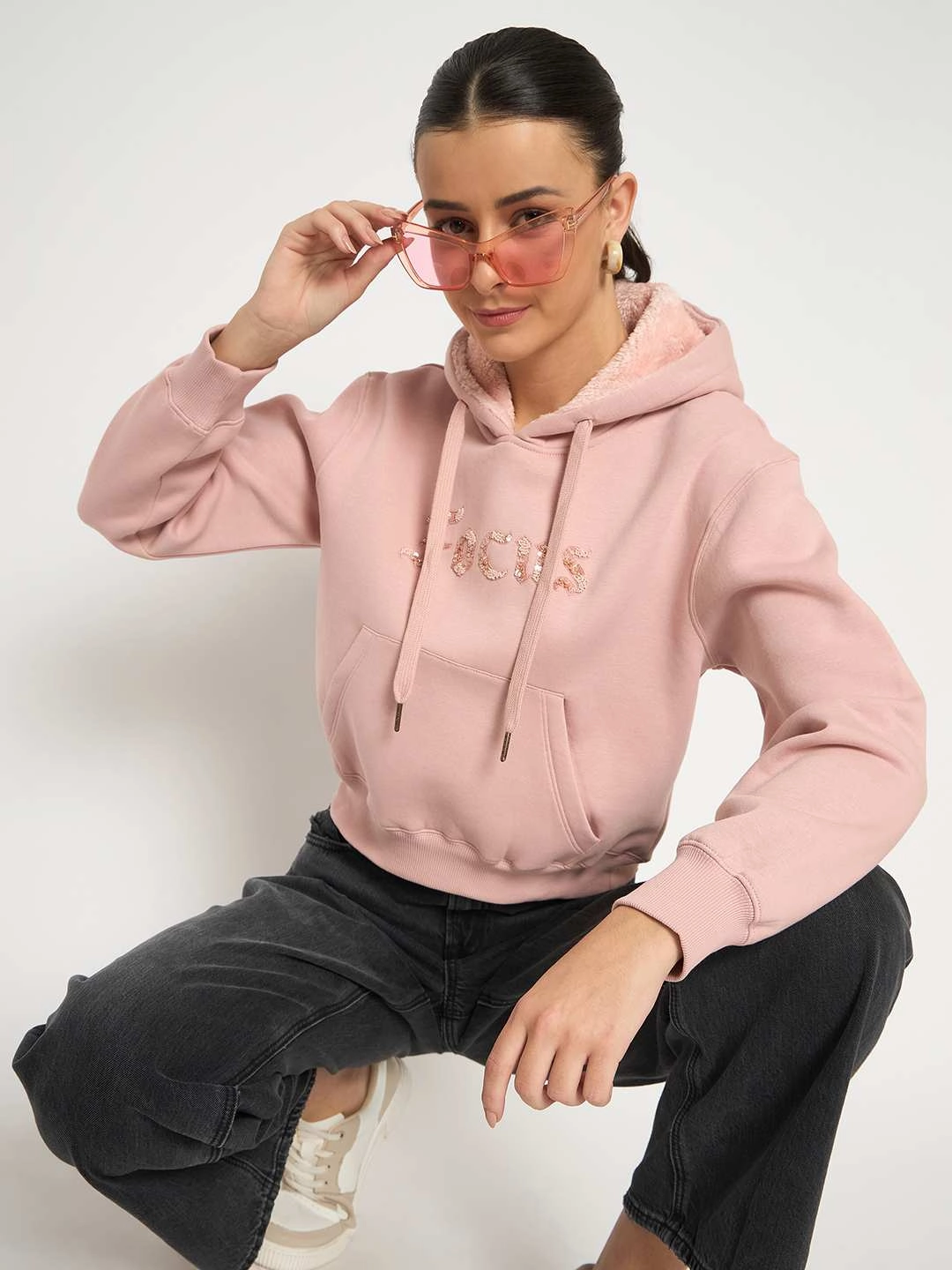Madame Fleece Placement Printed Handwork Detailed Dusty Pink Sweatshirt Trendy Essentials
