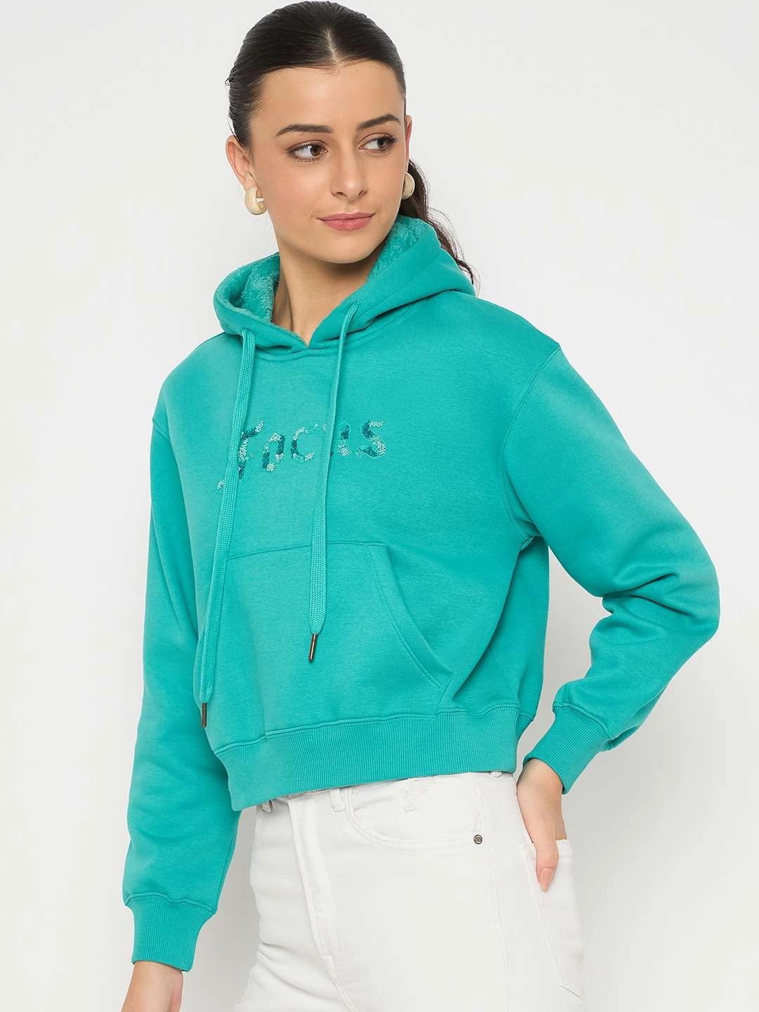 product wedding guest elegance Madame Fleece Placement Printed Handwork Detailed Turquoise Sweatshirt