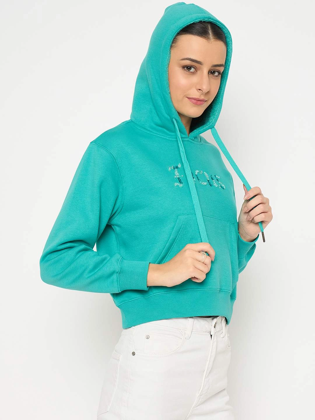 Winter Comfort Madame Fleece Placement Printed Handwork Detailed Turquoise Sweatshirt