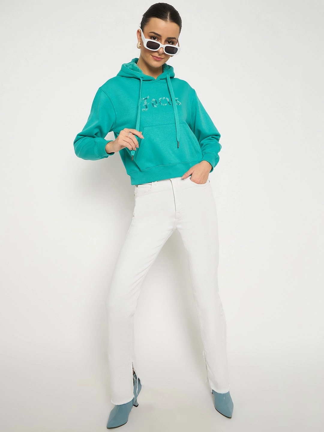 tribal print Muscular Fit Madame Fleece Placement Printed Handwork Detailed Turquoise Sweatshirt