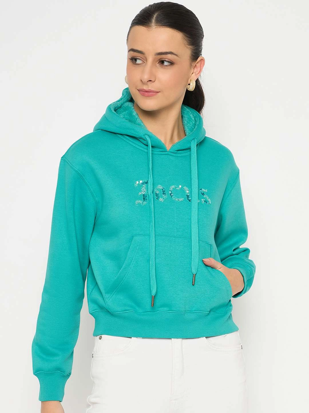 graffiti print Thermal Lining Madame Fleece Placement Printed Handwork Detailed Turquoise Sweatshirt