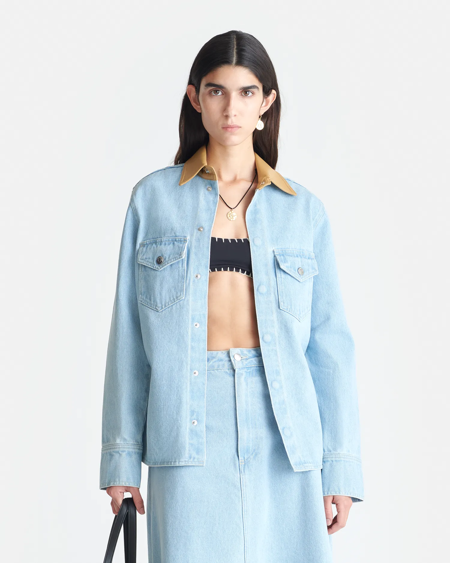 Playful Style Sleek Waist Letisa - Leather-Trimmed Denim Shirt - Eco Bleach/Hazel