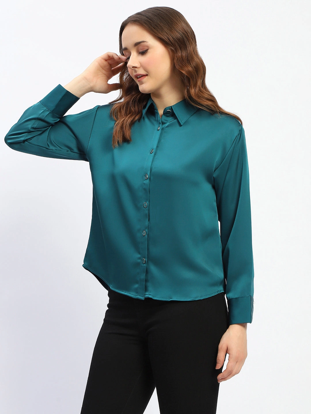 Active Layering Modern Appeal Madame Teal Button Down Shirt