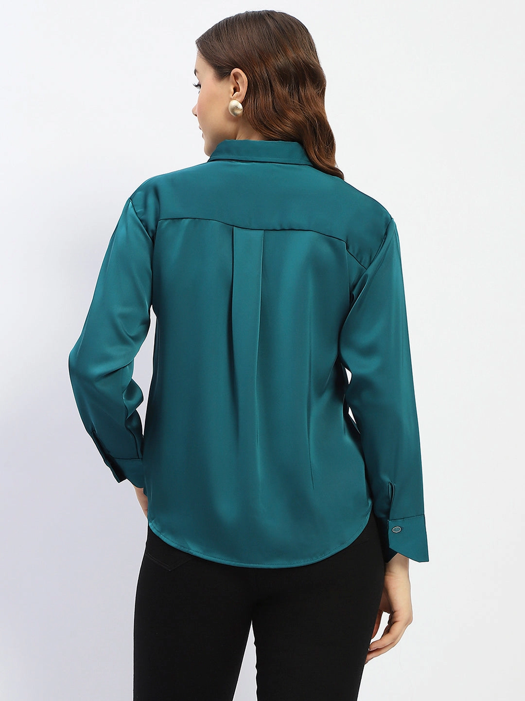 Hidden Button Placket Interview Ready Madame Teal Button Down Shirt