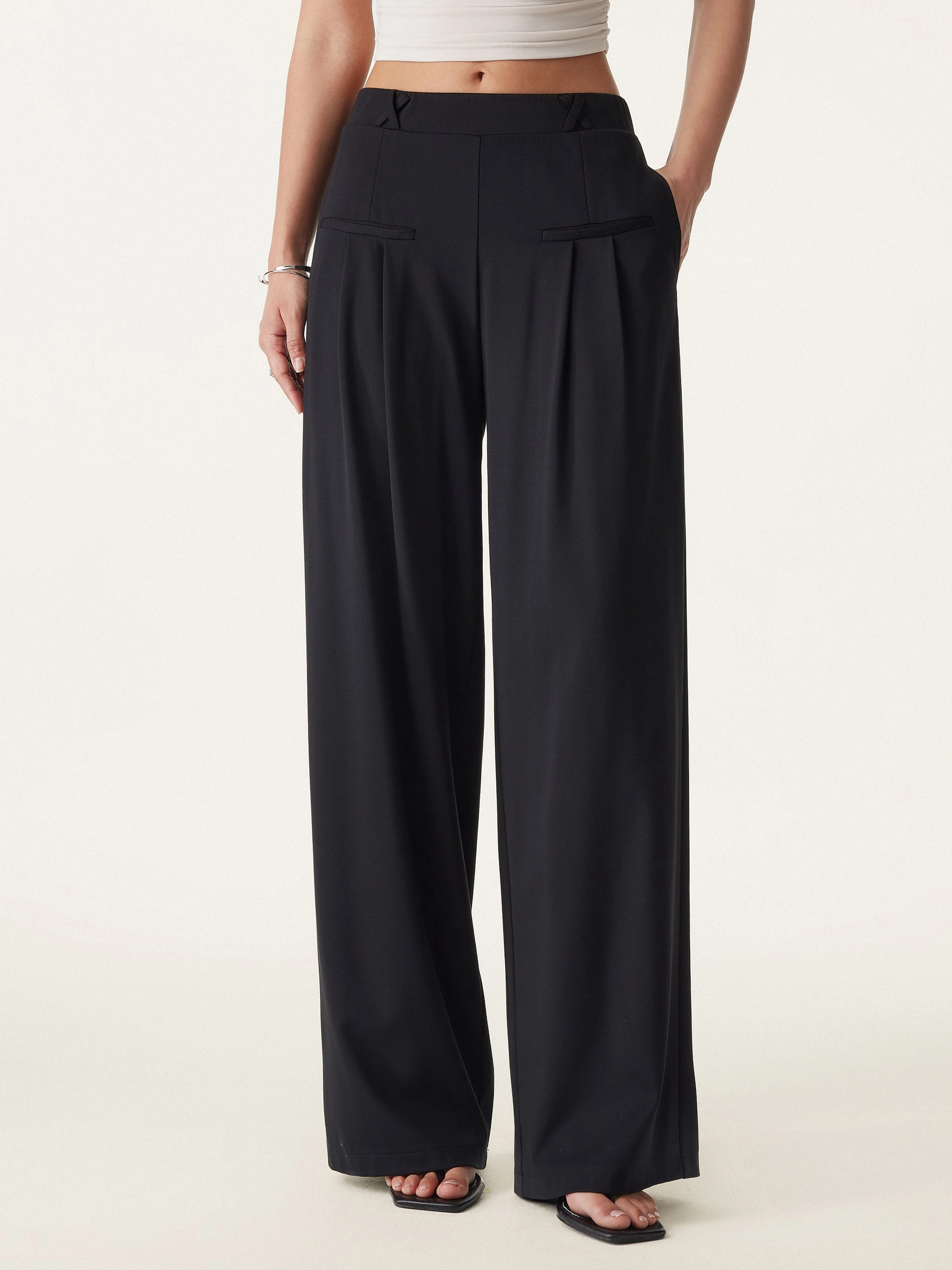 Minimalist Design Drapey Bamboo Ponte Mid Rise Wide Leg Trouser with Pockets