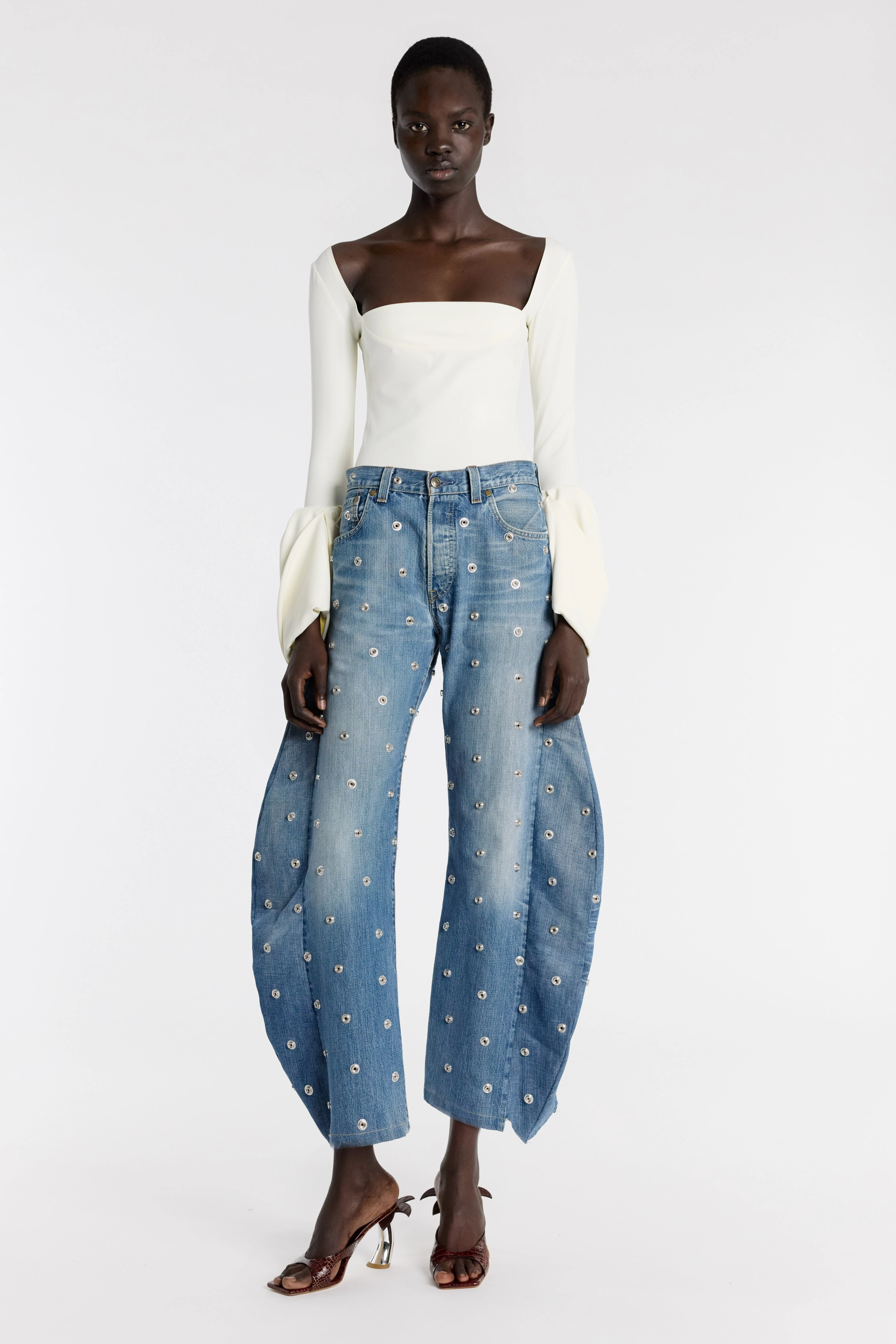CroppedLength Top With Square Decollete And Puff Cuffs Ivory