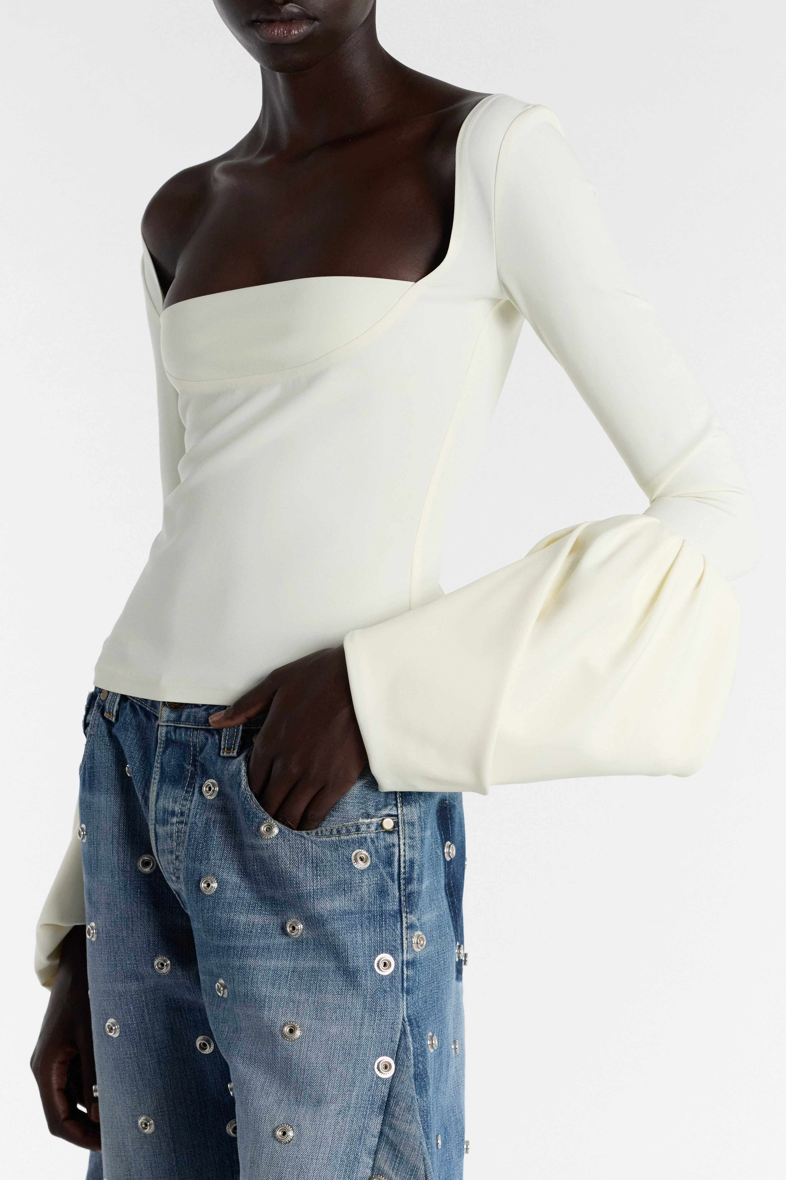Top With Square Decollete And Puff Cuffs Ivory Softened Edges