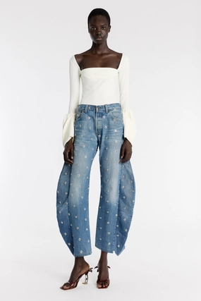 CroppedLength Top With Square Decollete And Puff Cuffs Ivory