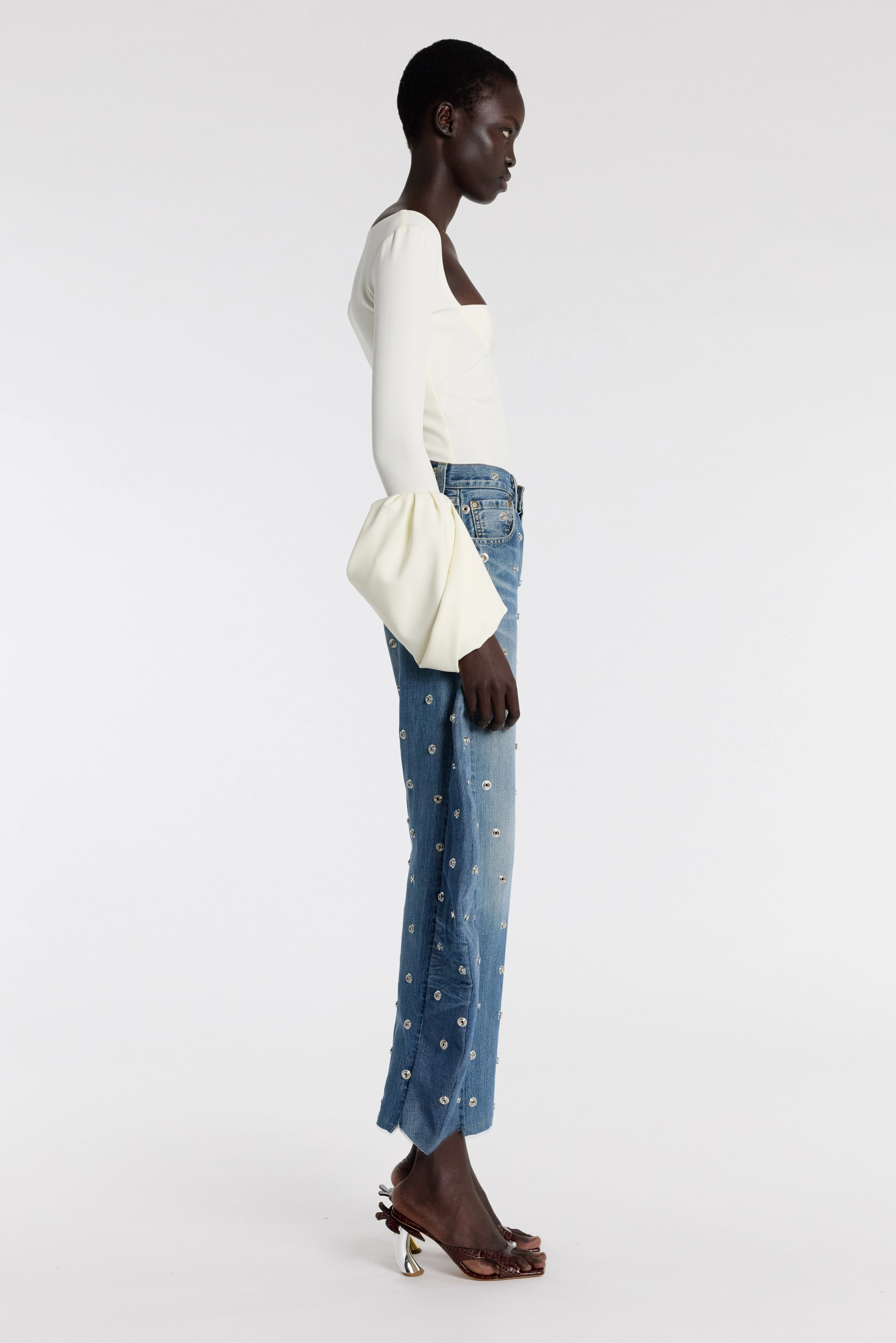 All-Purpose Wind Resistant Fabric Top With Square Decollete And Puff Cuffs Ivory