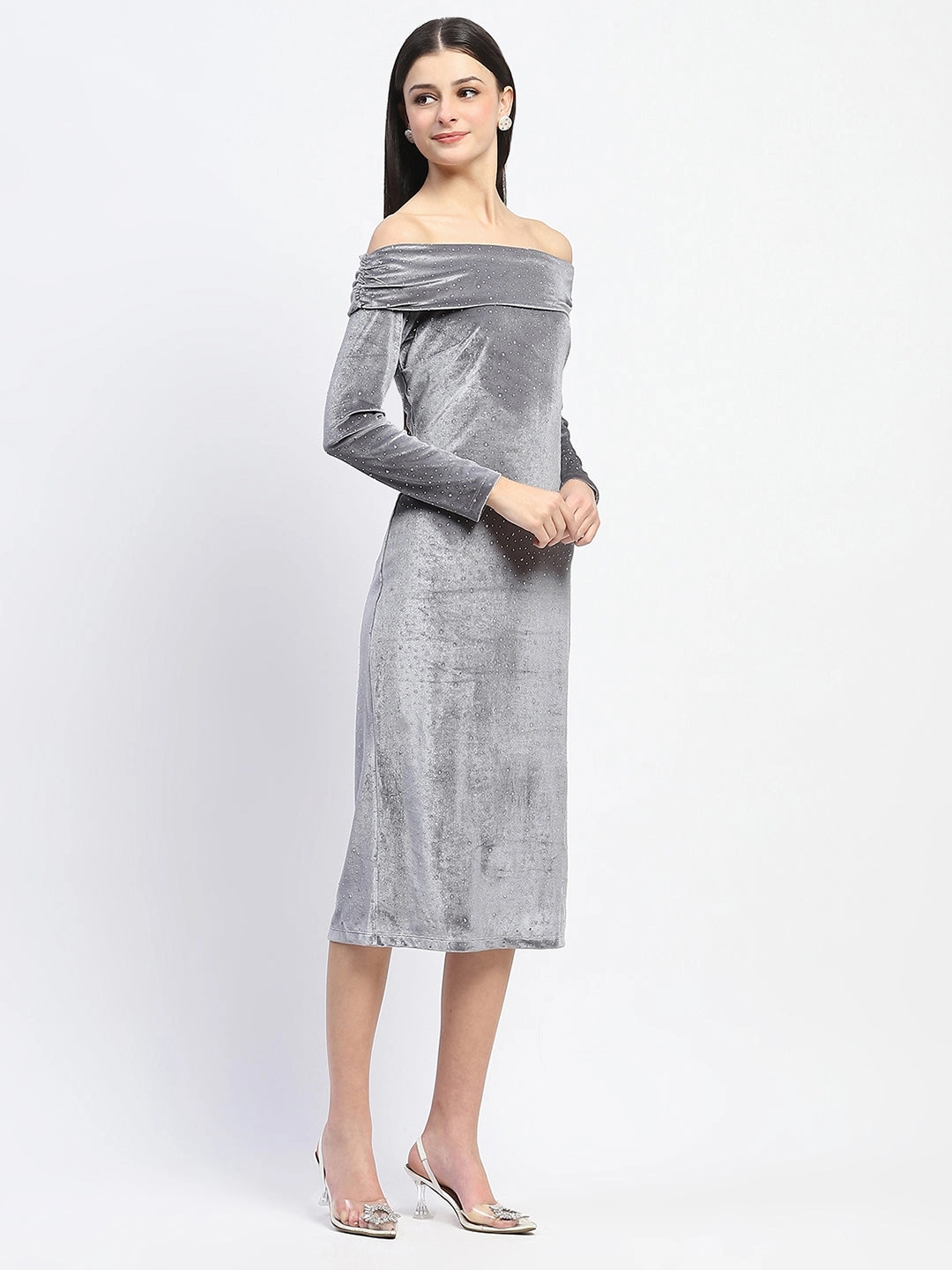 Madame Off-shoulder embellished Grey Velvet Dress Chic Energy
