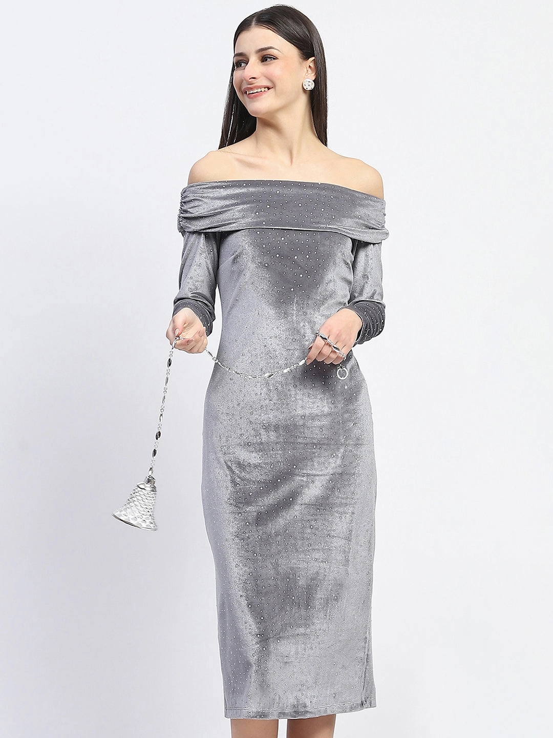 Madame Off-shoulder embellished Grey Velvet Dress Relaxed work dress