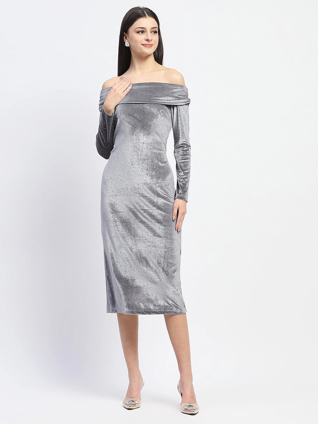 Satin Touch Madame Off-shoulder embellished Grey Velvet Dress