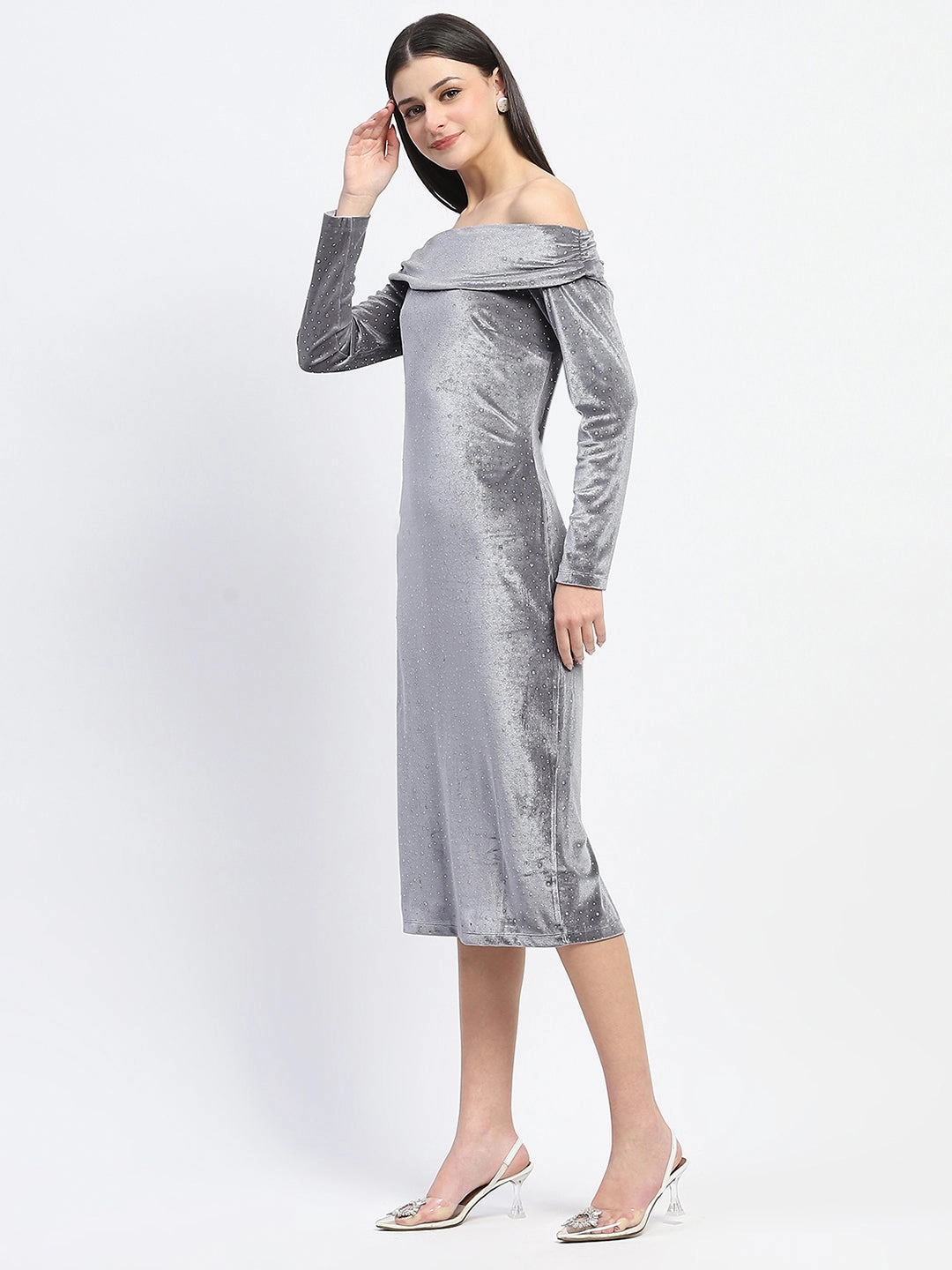 Elegant Vibe Madame Off-shoulder embellished Grey Velvet Dress