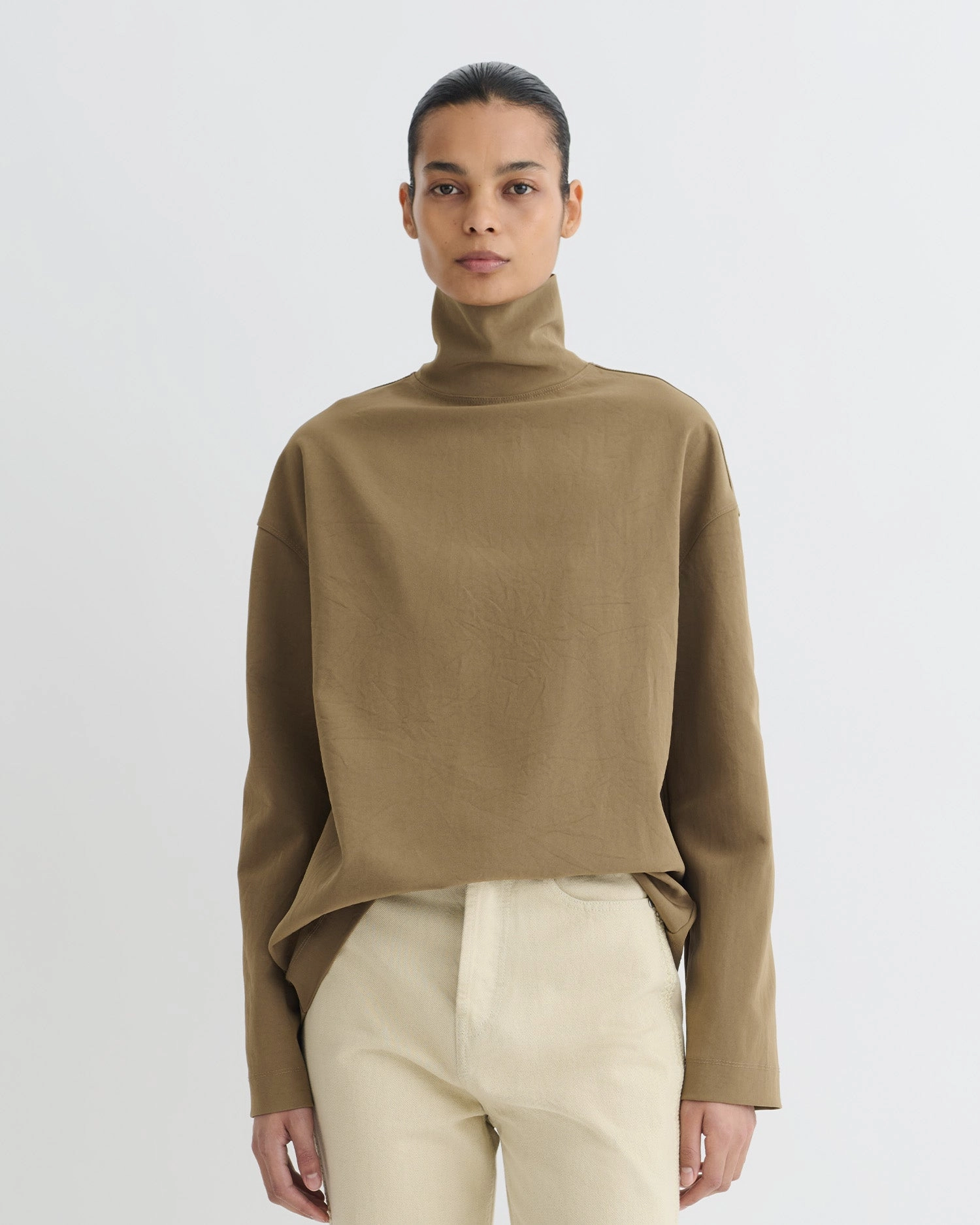 Sitara - Paper Jersey Turtleneck Top - Brown Non Chafing Edges
