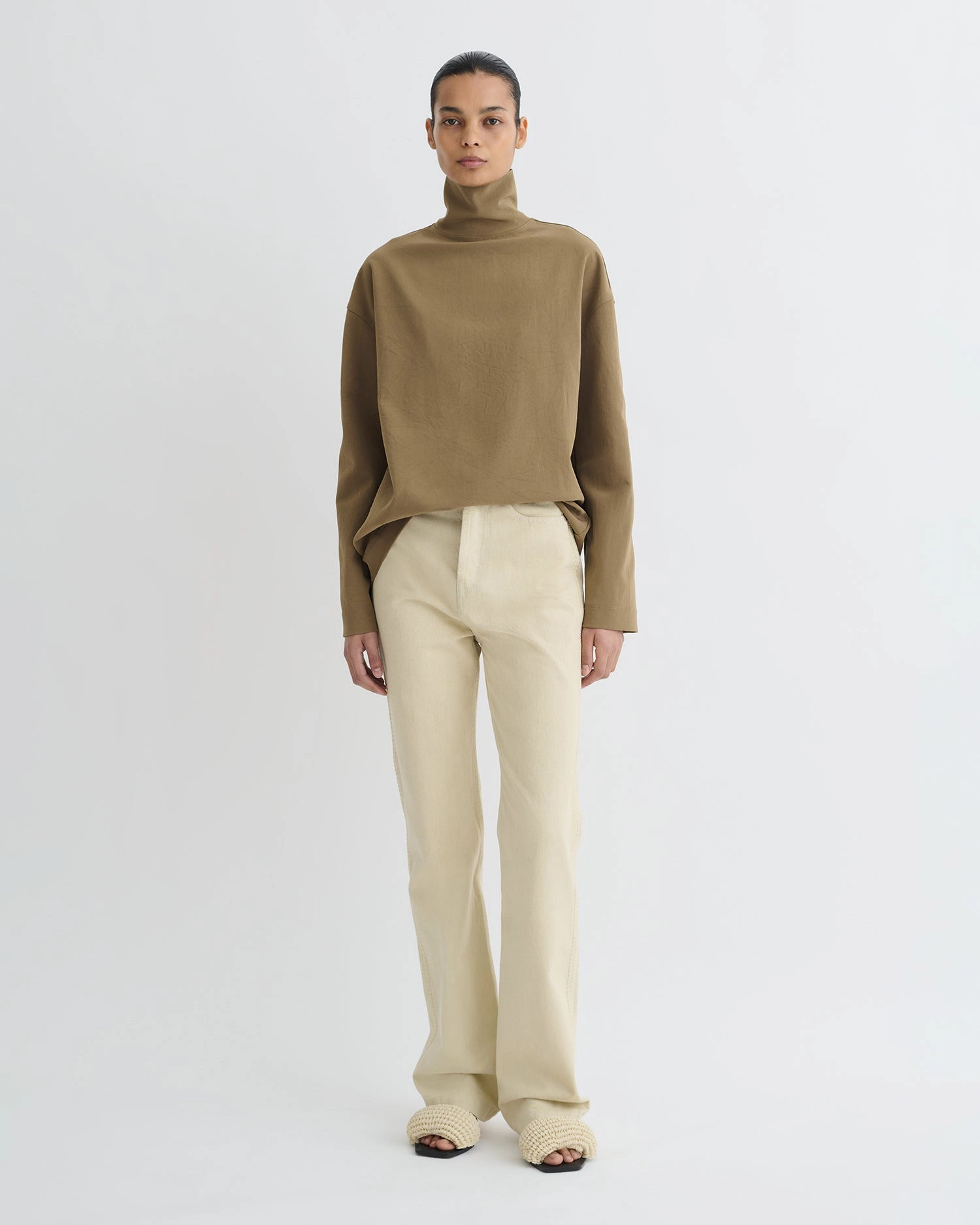 Compact Weave Fabric Sitara - Paper Jersey Turtleneck Top - Brown
