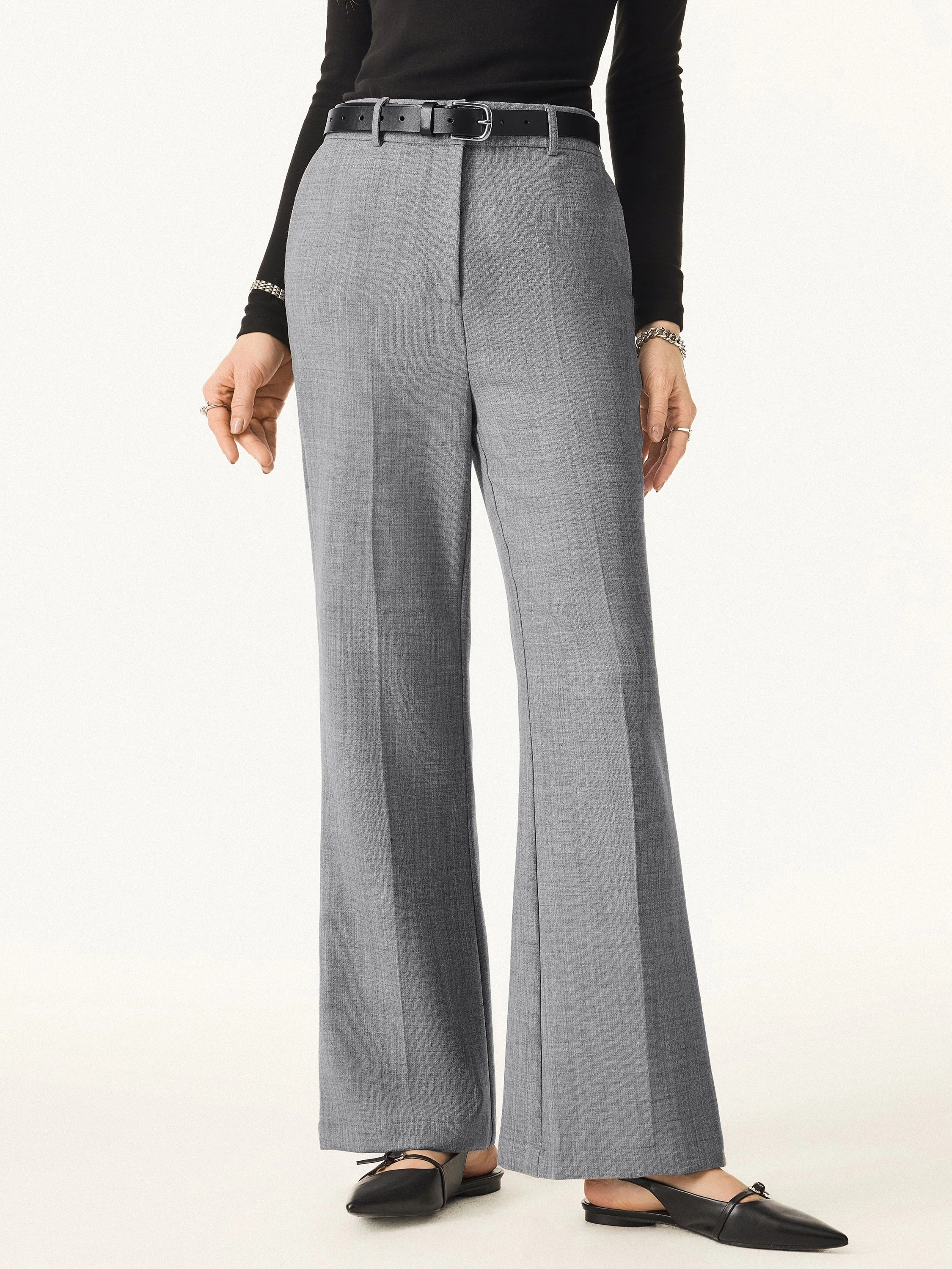 Comfortable Fashion Stretch Wool Mid Rise Flared Trousers with Pockets