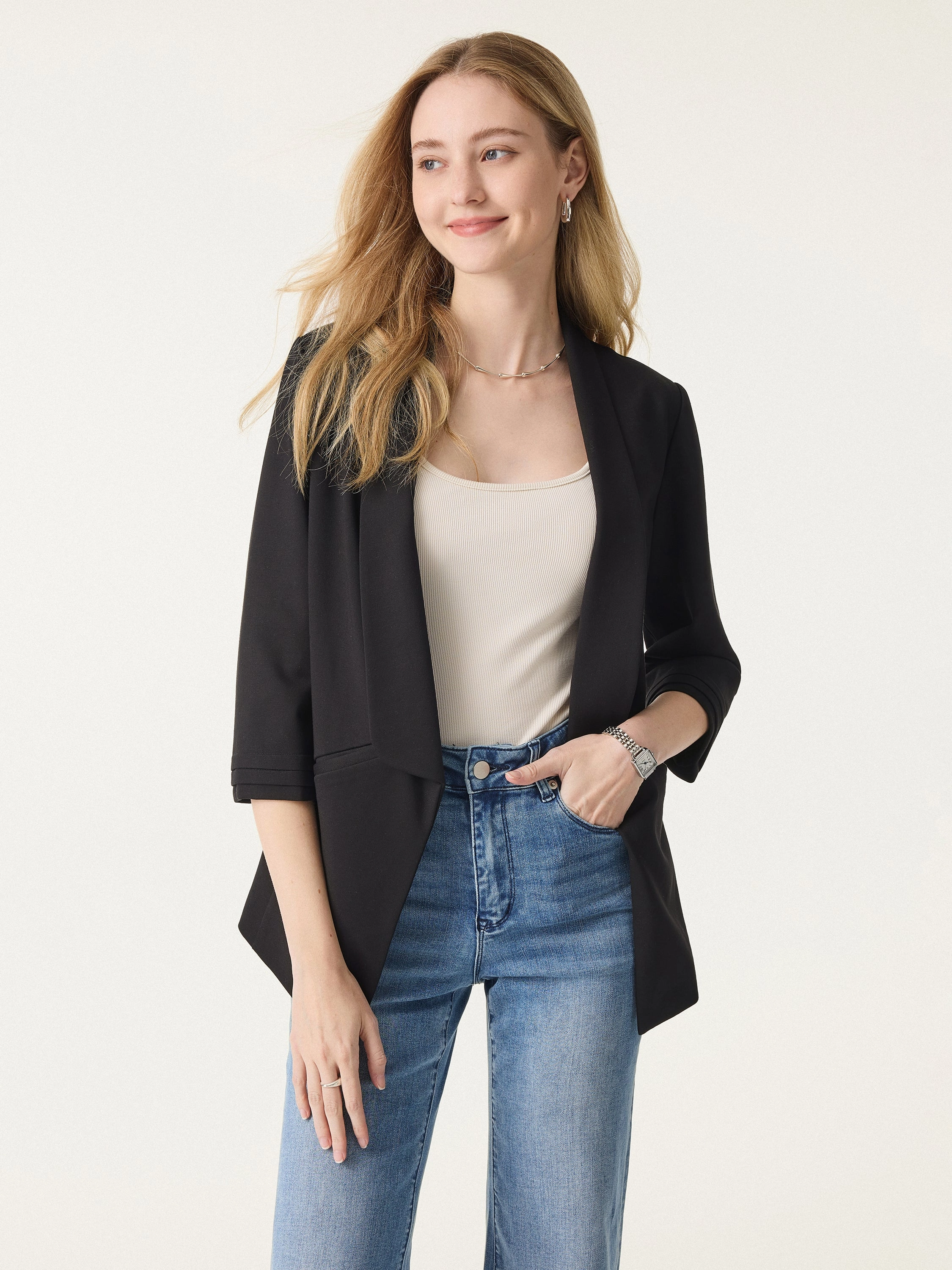 ElasticTrimming Stretch Ponte Shawl Lapel 3/4 Sleeve Blazer with Pockets