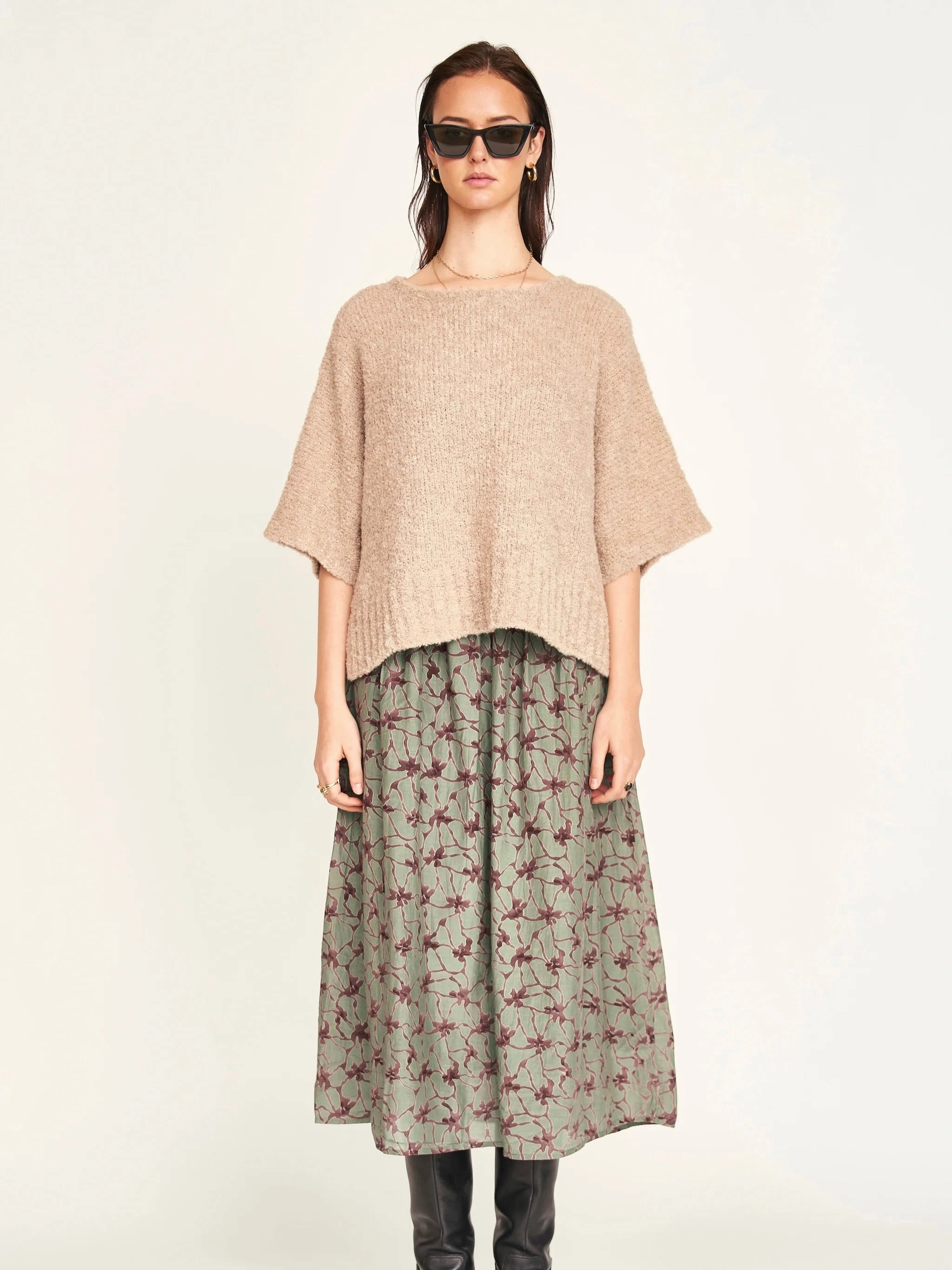 Mirth Fez Boucle Top in Graham Cracker Ribbed collar