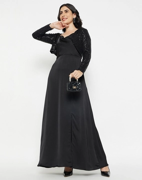 Ruffle-Detail Button Chic Madame Black Cowl Neck Slit Dress With Sequined Jacket