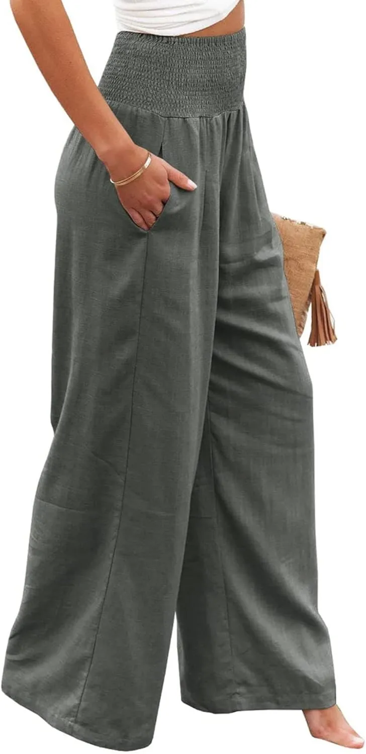 Mmoneyake Summer Linen Pants for Women 2024 Vacation Palazzo Pants Flowy Wide Leg Beach Lounge Pants Trousers with Pockets
