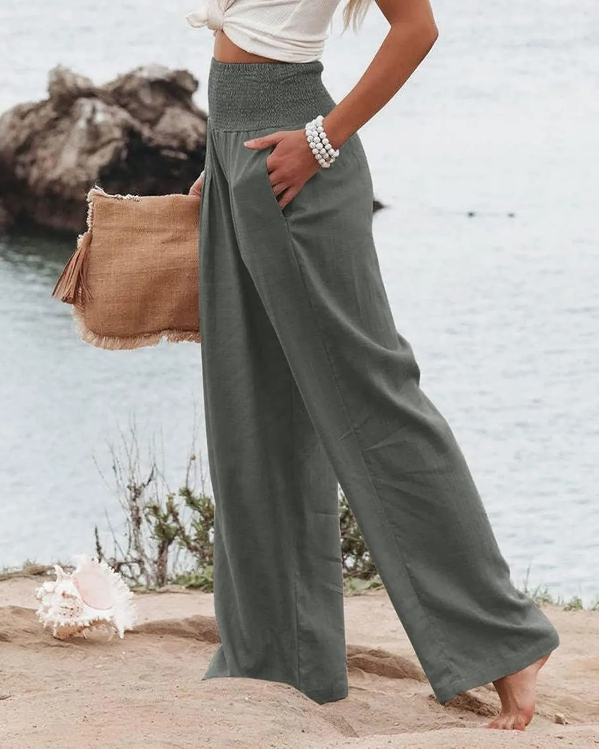 Mmoneyake Summer Linen Pants for Women 2024 Vacation Palazzo Pants Flowy Wide Leg Beach Lounge Pants Trousers with Pockets