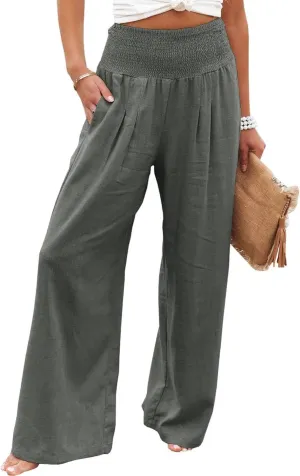 Mmoneyake Summer Linen Pants for Women 2024 Vacation Palazzo Pants Flowy Wide Leg Beach Lounge Pants Trousers with Pockets