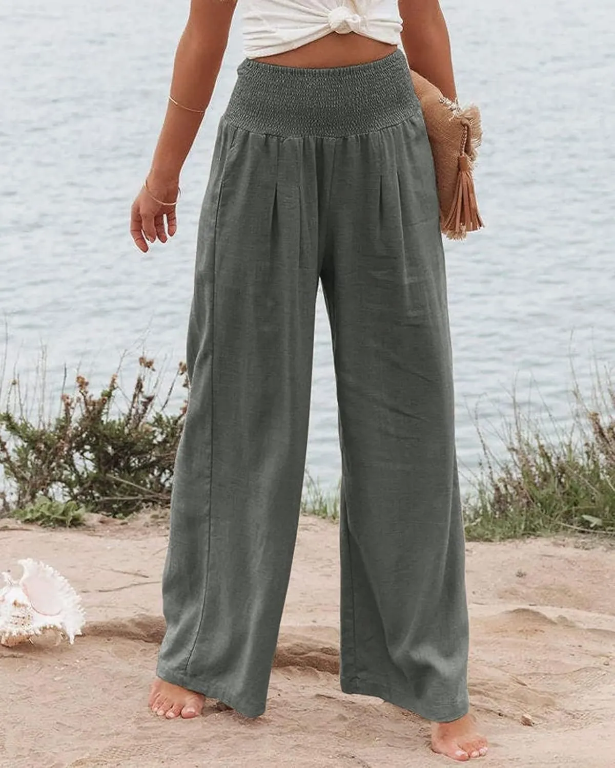 Mmoneyake Summer Linen Pants for Women 2024 Vacation Palazzo Pants Flowy Wide Leg Beach Lounge Pants Trousers with Pockets