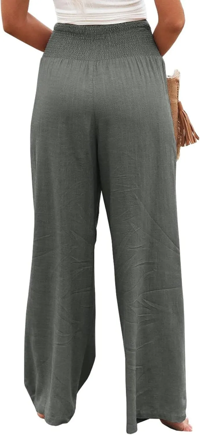 Mmoneyake Summer Linen Pants for Women 2024 Vacation Palazzo Pants Flowy Wide Leg Beach Lounge Pants Trousers with Pockets