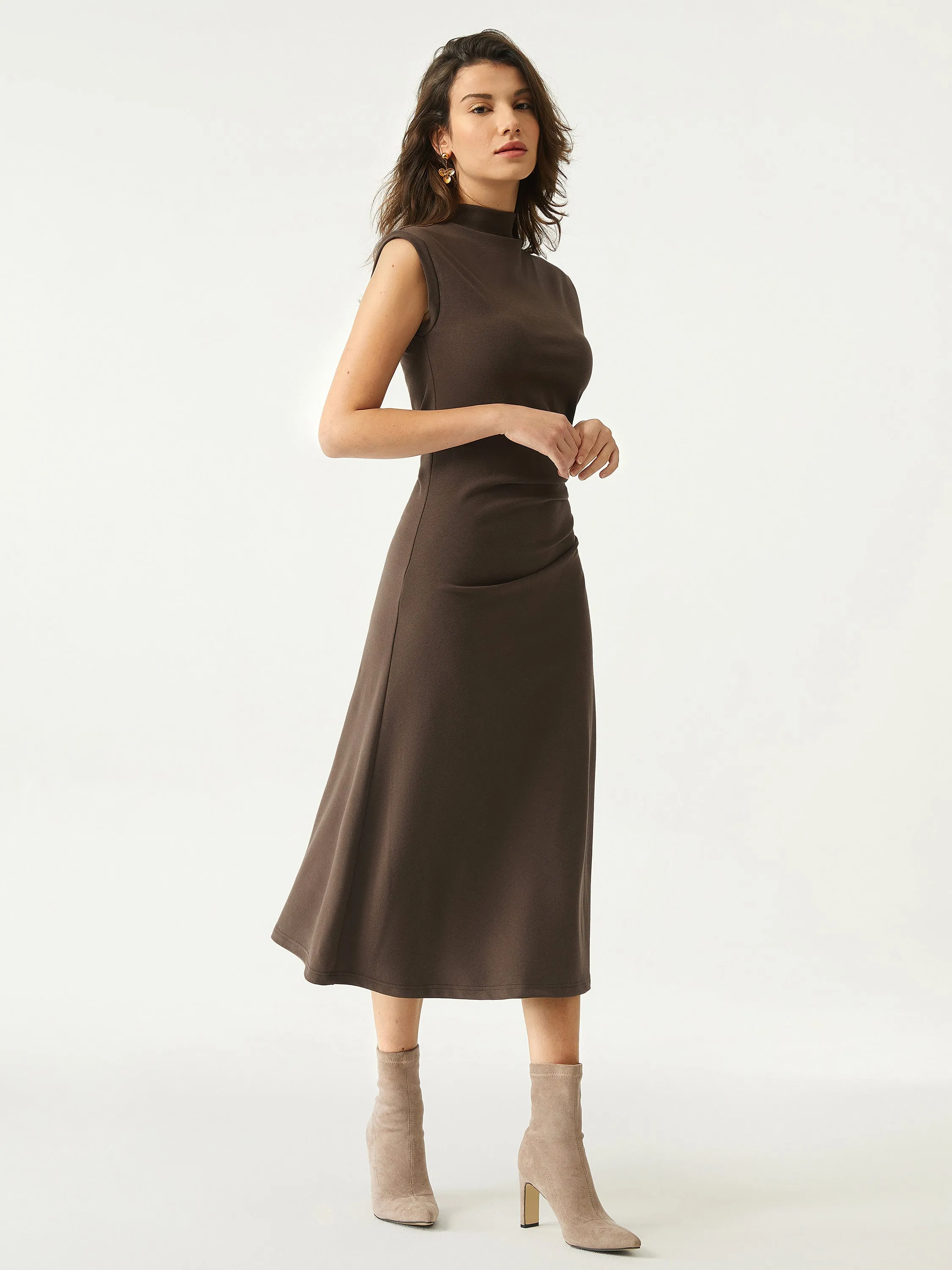 Easy Flow Mockneck Tucks Midi Dress