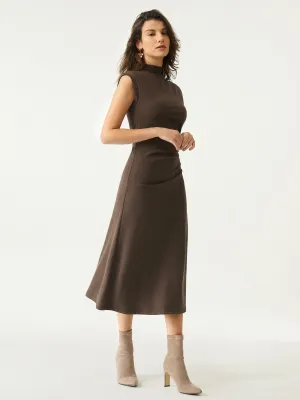 Mockneck Tucks Midi Dress Simple Bow Belted-Style