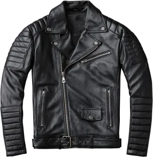 Modern Classic: Mens Biker Brando Genuine Sheepskin Caf Racer Lapel Collar Retro Classic Zip-Up Moto Leather Jacket