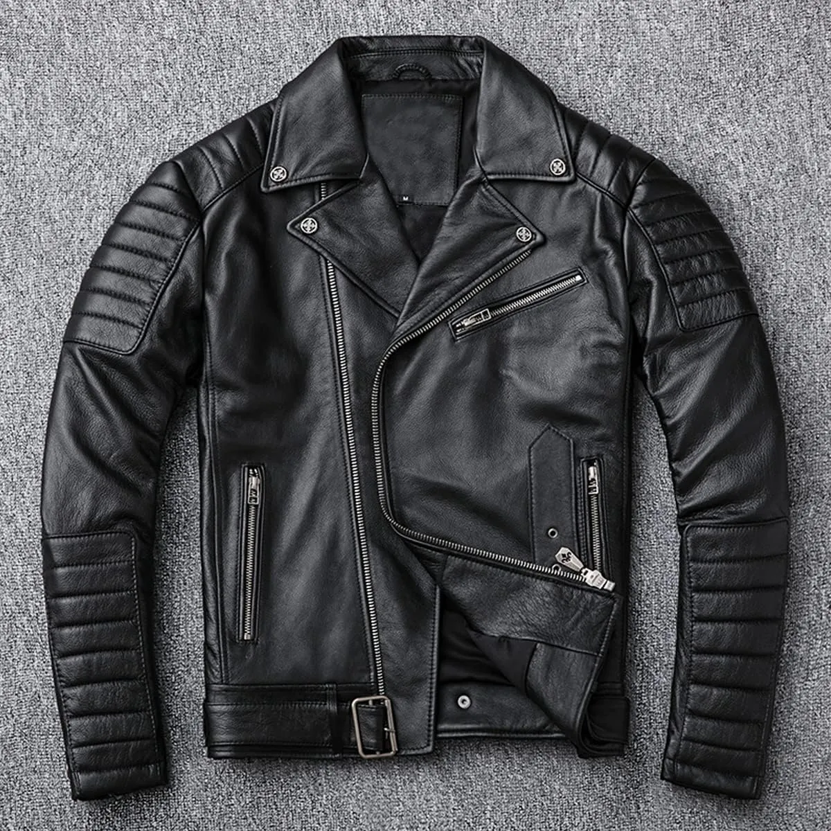 Modern Classic: Mens Biker Brando Genuine Sheepskin Caf Racer Lapel Collar Retro Classic Zip-Up Moto Leather Jacket
