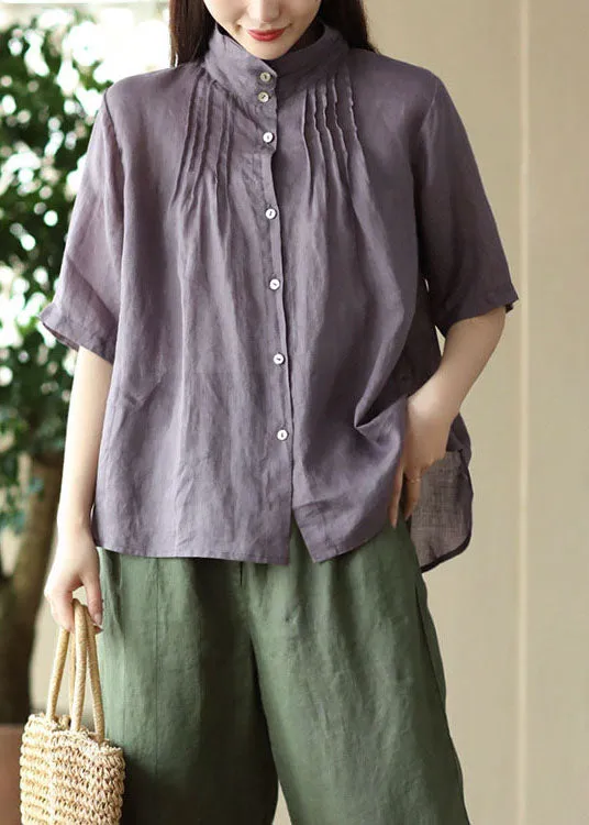Modern Purple Button Wrinkled Patchwork Linen Shirts Summer LY6234