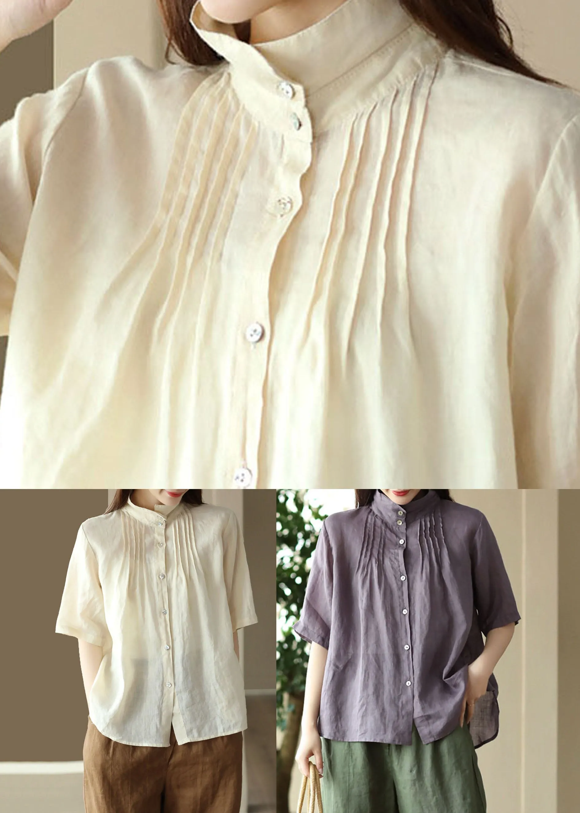 Modern Purple Button Wrinkled Patchwork Linen Shirts Summer LY6234