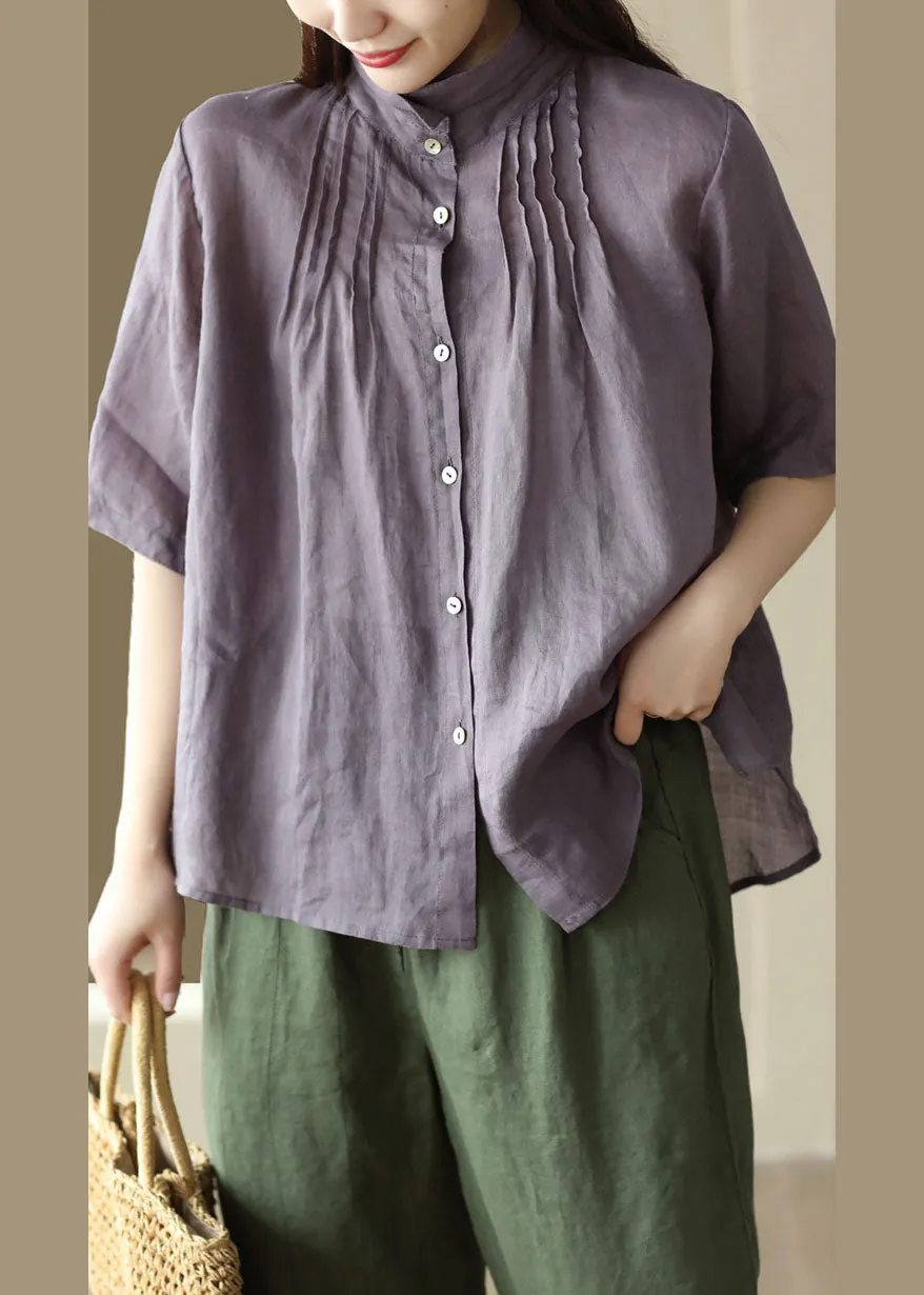 Modern Purple Button Wrinkled Patchwork Linen Shirts Summer LY6234