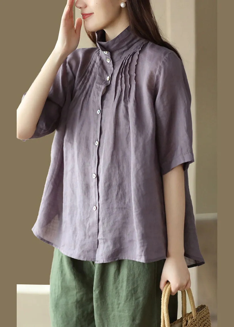 Modern Purple Button Wrinkled Patchwork Linen Shirts Summer LY6234