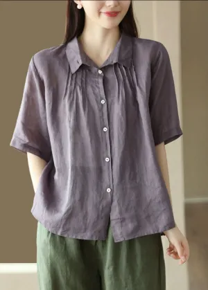 Modern Purple Button Wrinkled Patchwork Linen Shirts Summer LY6234