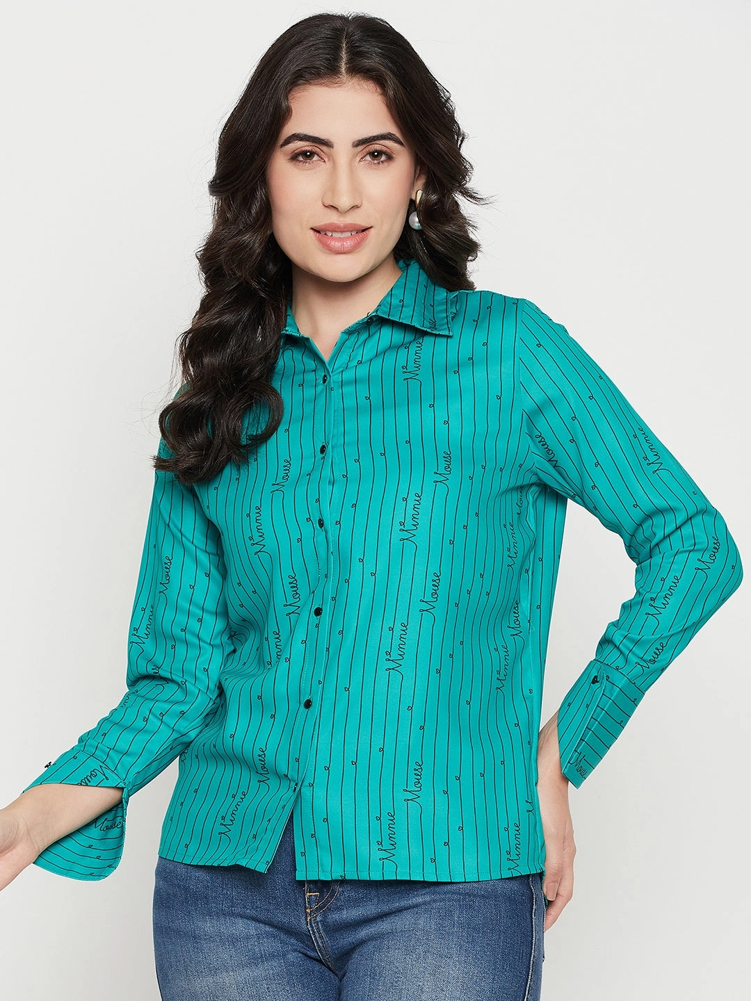 Non Iron Fabric Camouflage Style Madame Disney Printed Green Shirt